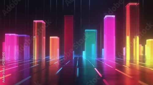Abstract glowing bar graph with vibrant neon colors on a dark background