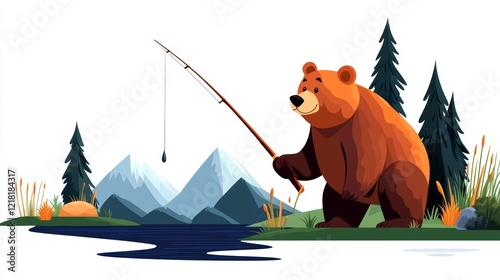 Cartoon Style Bear Fishing in a Scenic Mountain Landscape