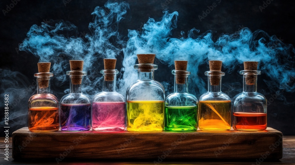 Eerie Potions with Smoke on Dark Background Eerie Potions with Smoke on Dark Background