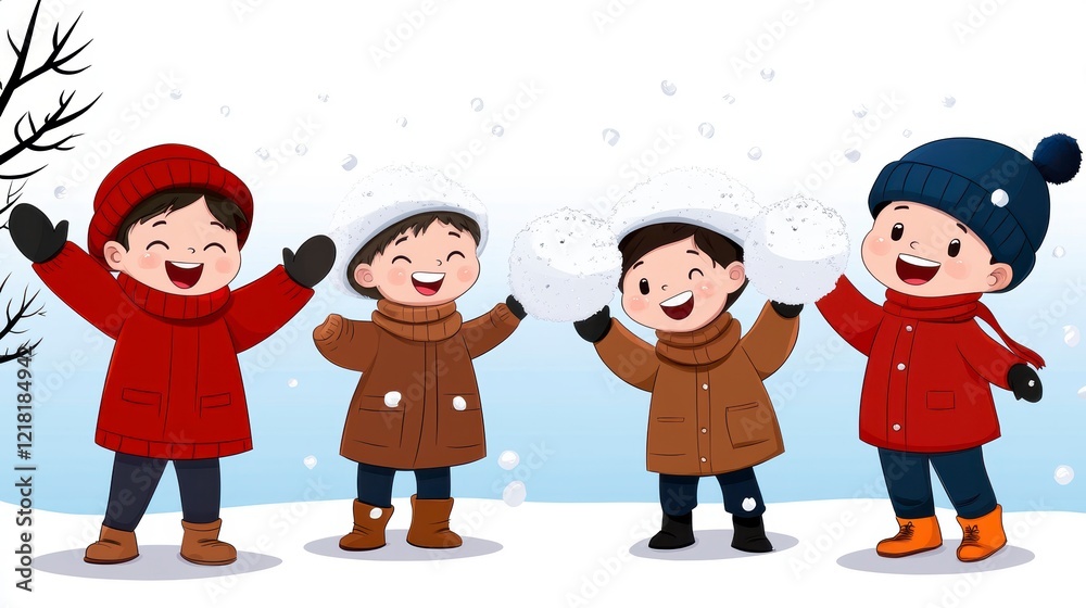Fototapeta premium Joyful Children Playing in Snow with Winter Clothes and Snowballs