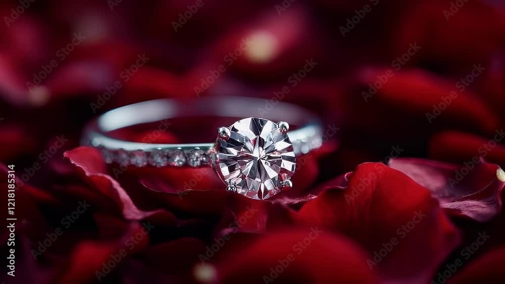 Close-up of a diamond ring resting on red rose petals. Close-up of a diamond ring resting on red rose petals.