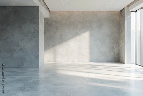 Abstract interior design of modern showroom with empty white concrete floor and gray wall.