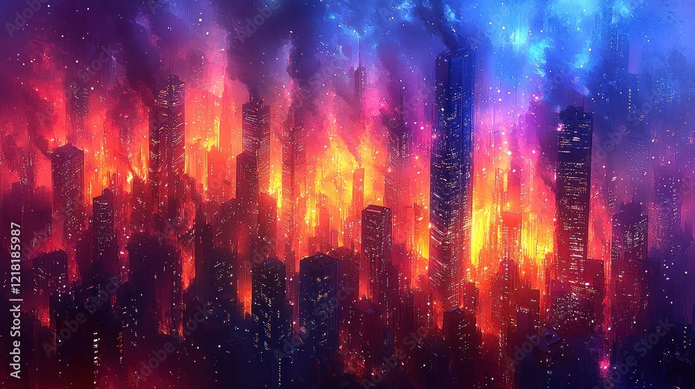 Fototapeta premium A City Ablaze, Abstract Cosmic Cityscape with Fiery Hues and Galactic Sky