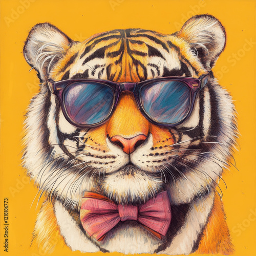 whimsical doodle of fat tiger wearing sunglasses and bow tie, exuding charm and playfulness