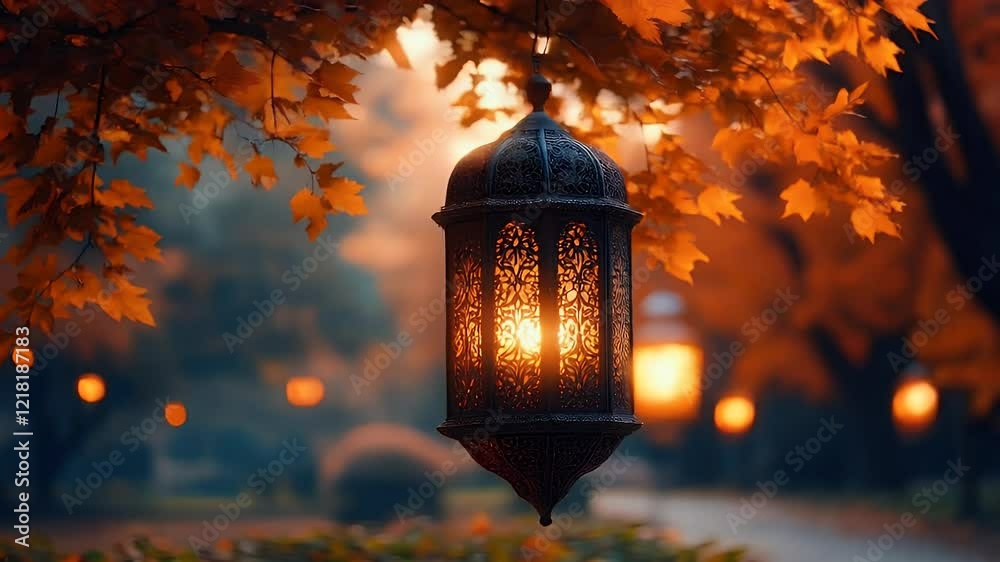 Illuminated ornate lantern hanging from autumn leaves in a park at sunset. Illuminated ornate lantern hanging from autumn leaves in a park at sunset.
