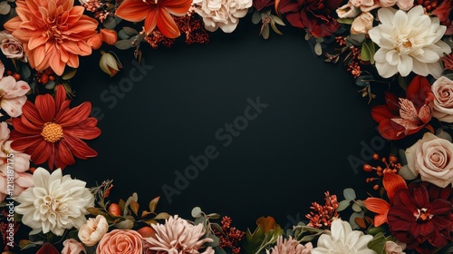 Wallpaper Mural A beautiful floral arrangement with a mix of vibrant and soft-colored flowers framing a dark background. Torontodigital.ca