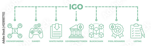 IGO banner web icon vector illustration concept of initial game offering with icon of crowdfunding, gamefi, white paper, governance token, blockchain, pool rewards and listing