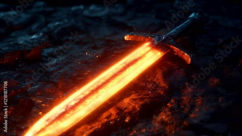 Ornate sword with glowing blade rests on dark, textured surface.