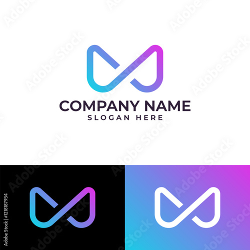modern logo featuring an abstract letter "M" formed by intertwining lines, symbolizing the infinite possibilities of virtual reality. The design conveys a sense of connection, infinity, and dynamism
