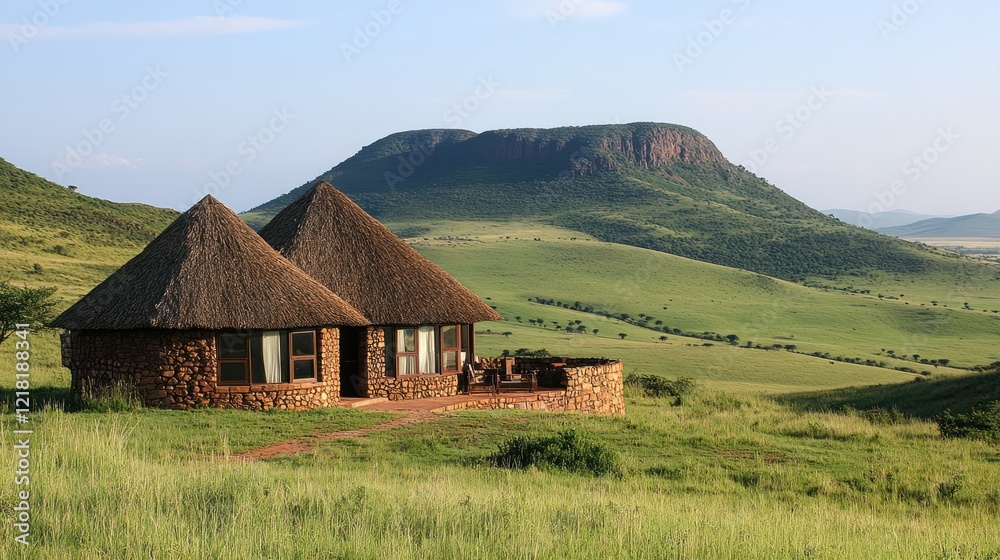 Two thatched-roof stone huts on a grassy hill overlooking a savanna landscape and mountain. Two thatched-roof stone huts on a grassy hill overlooking a savanna landscape and mountain.