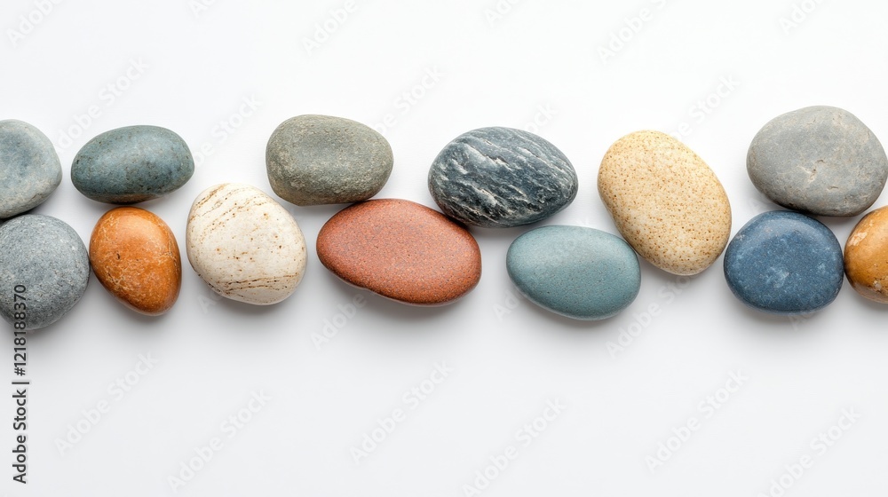 Smooth colorful stones arranged in a row on white background Smooth colorful stones arranged in a row on white background