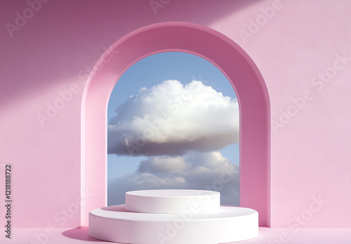 3D white podium with cloud on isolated background, minimal concept, studio lighting, high-resolution photography, insanely detailed, stock photo, professional color grading, award-winning photography. photo