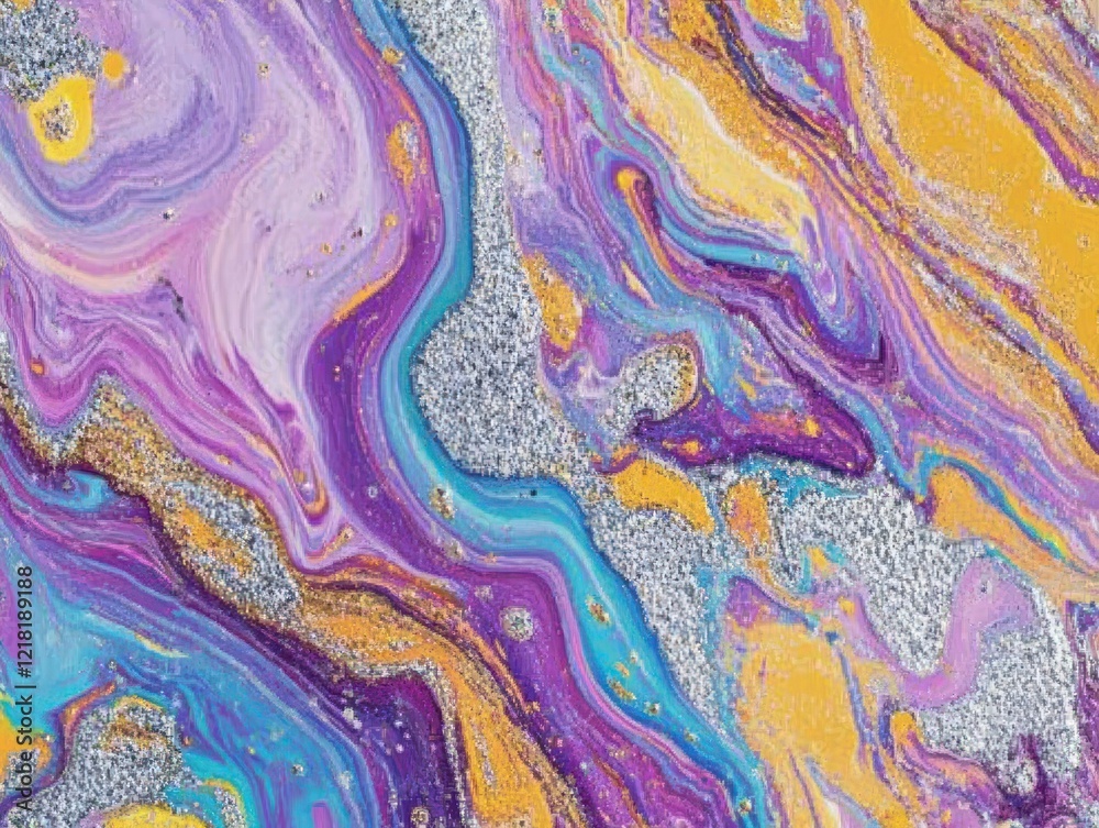 Abstract swirling fluid art with gold silver and purple streaks design background texture Abstract swirling fluid art with gold silver and purple streaks design background texture
