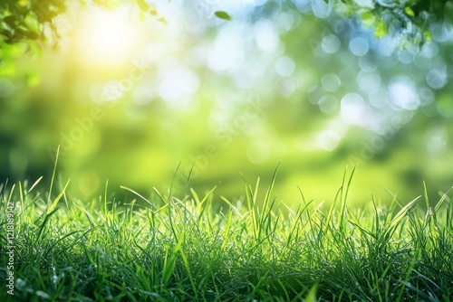 Lush green grass in sunny summer garden.