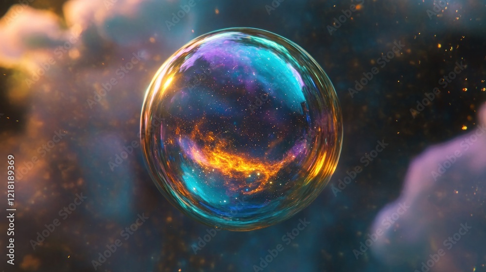 A translucent orb with a galaxy inside is floating amidst nebulous clouds and stars A translucent orb with a galaxy inside is floating amidst nebulous clouds and stars