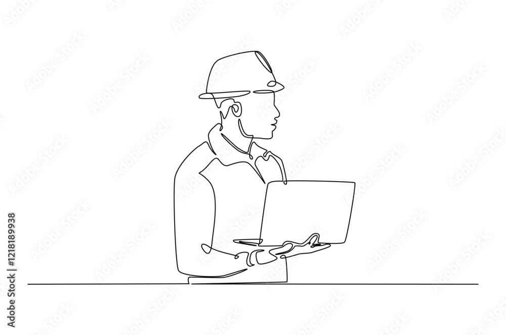 Engineer with laptop in continuous one line drawing. Single line art draw of architect working with netbook. Editable vector. Engineer with laptop in continuous one line drawing. Single line art draw of architect working with netbook. Editable vector.