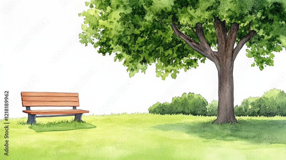 Serene Park Scene with Green Tree and Empty Wooden Bench Serene Park Scene with Green Tree and Empty Wooden Bench