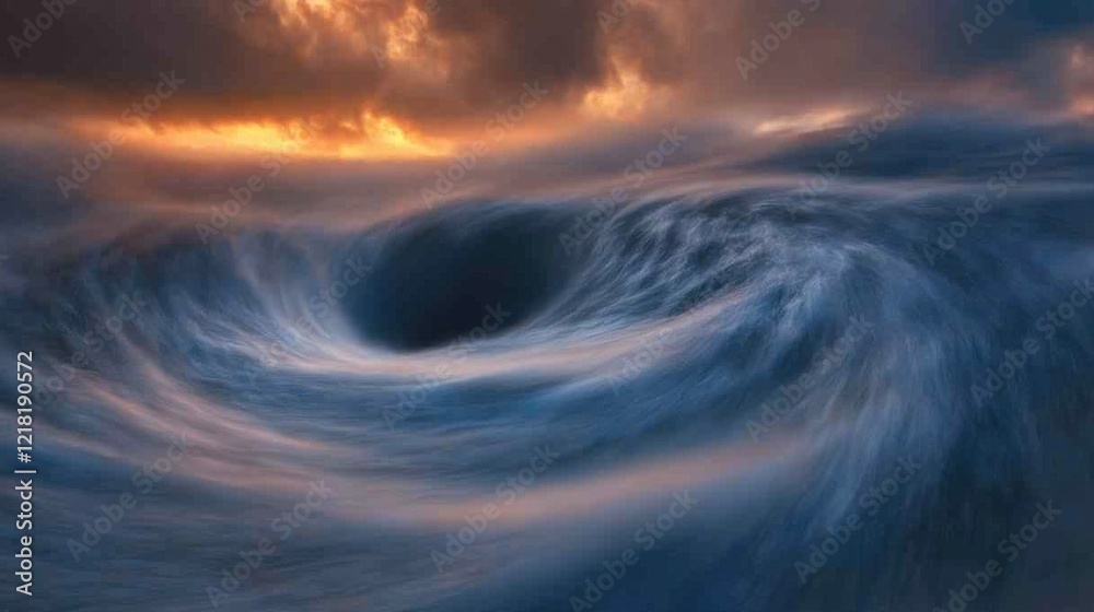 Dramatic swirling sea with orange sky at sunset creating a vortex like atmosphere