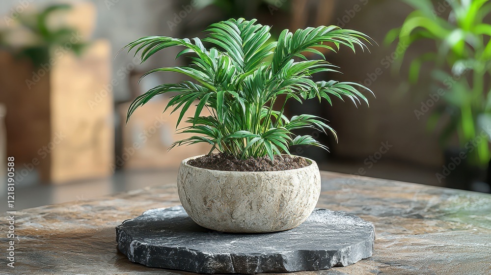 Indoor parlor palm plant in pot, rustic setting Indoor parlor palm plant in pot, rustic setting