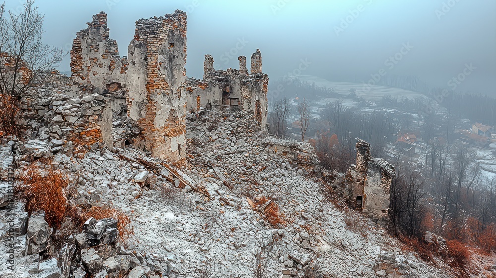 Fototapeta premium Snowy hilltop castle ruins, winter landscape, misty valley