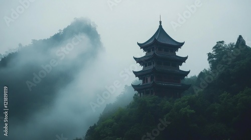 A traditional multi-tiered pagoda nestled among trees shrouded in mist on a hillside