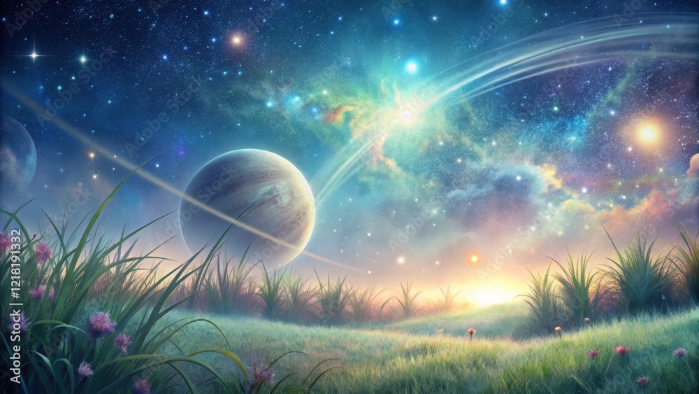 Fototapeta premium Serene Dreamscape An Enchanting Field Under a Celestial Canopy of Planets, Nebulae, and Stars