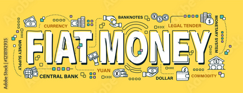 Fiat money . Word and outline icon on solid color background . Cryptocurrency concept . Vector . Editable stroke .