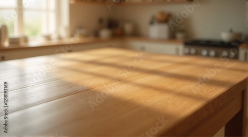 Polished wooden tabletop with a flawless, glossy texture, softly lit by natural light, with a blurred background focusing on its refined elegance.