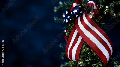 Veterans Day concept. green wreath decorated with American flag ribbon. copy space on dark blue background. Perfect for 4th of July, Independence Day, Memorial Day and other patriotic events.