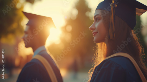 A close-up of two students in graduation caps and gowns, standing side by side with the sun setting behind them. The focus is on their expressions as they gaze towards an unknown future.