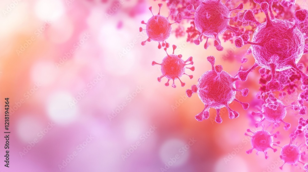 Close-up view of vibrant pink virus particles against a soft-focus colorful background Close-up view of vibrant pink virus particles against a soft-focus colorful background