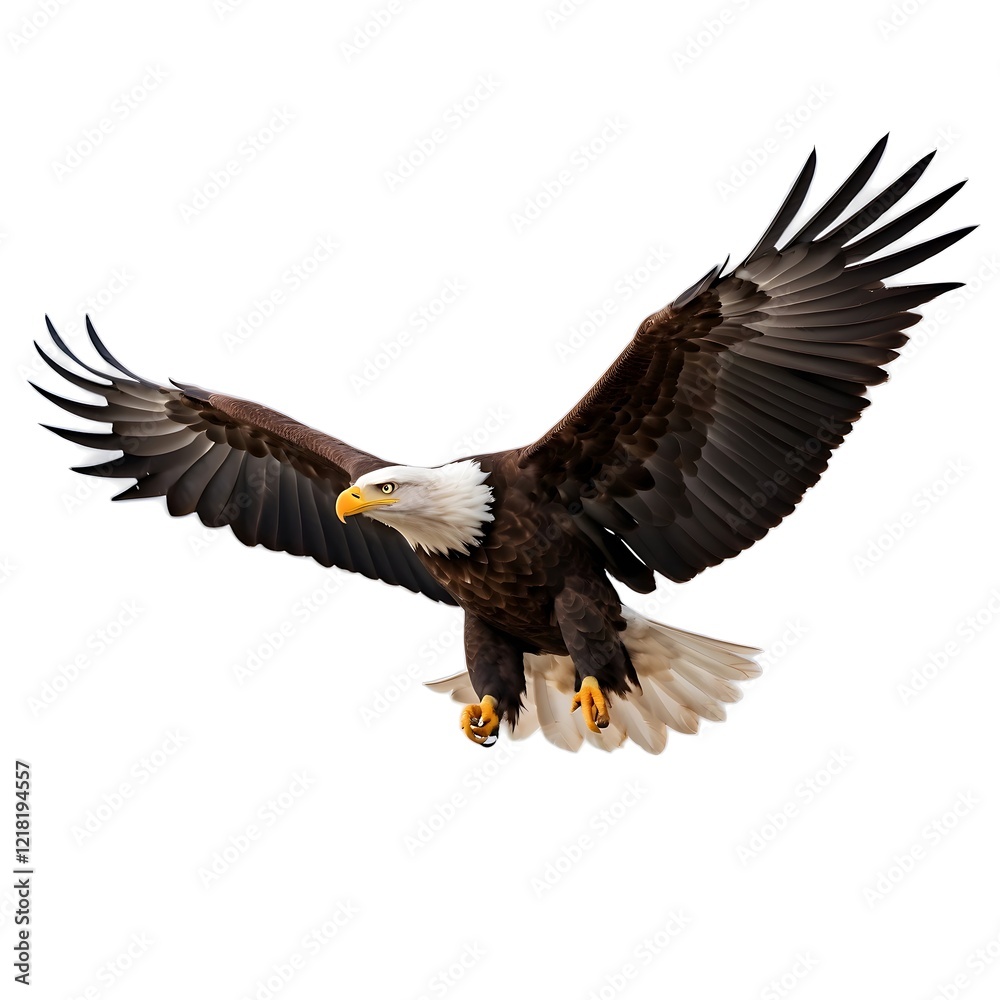 Fototapeta premium Majestic Bald Eagle in Flight Against a White Background