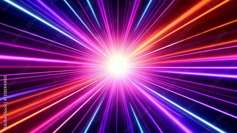 A dynamic explosion of colorful light rays radiating from a central point.
