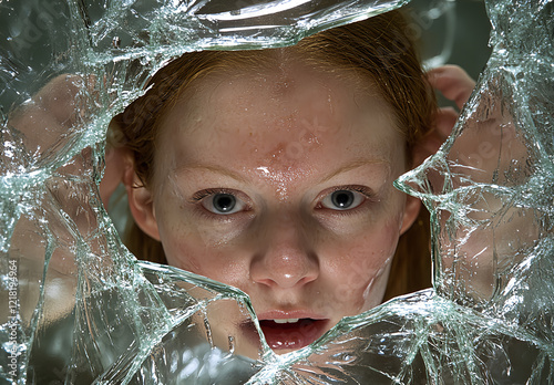 A young woman with brown hair is trapped in an endless glass maze, surrounded by broken mirrors that reflect her face and the environment around it. The atmosphere of terror fills every corner  photo