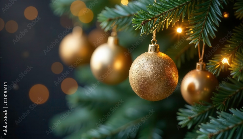 Glittering gold orbs suspended from evergreen branches, luxury, winter wonderland, garland decorations Glittering gold orbs suspended from evergreen branches, luxury, winter wonderland, garland decorations