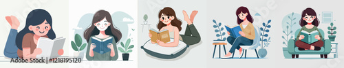 Woman reading a book with happy expression