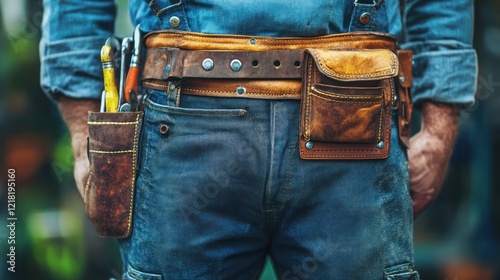 Close-up of a craftsman's tool belt.