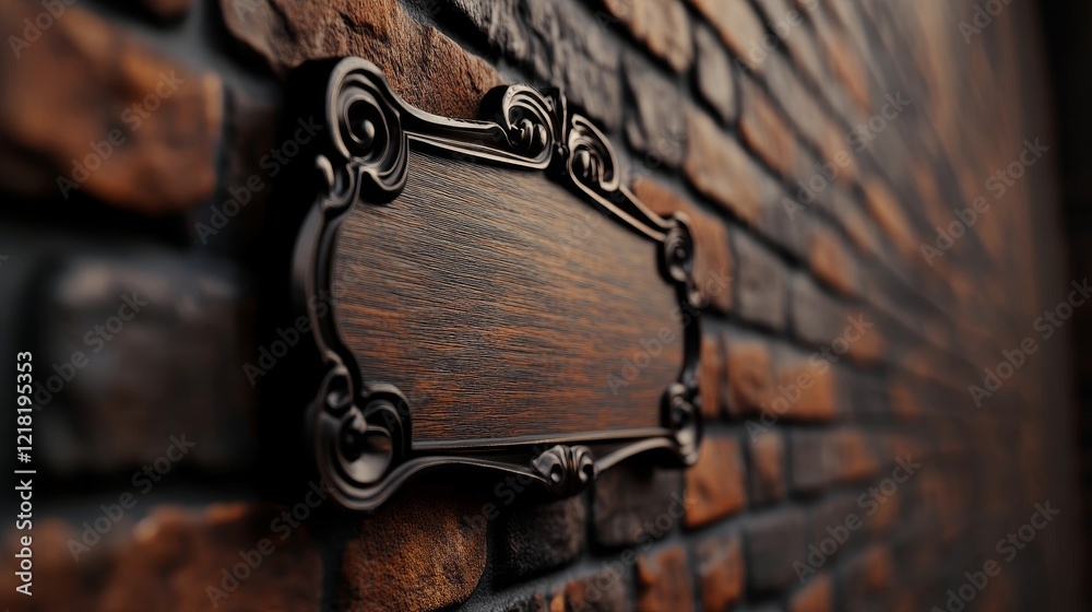 Ornate wooden sign mounted on a rustic brick wall, showcasing craftsmanship in a cozy setting Ornate wooden sign mounted on a rustic brick wall, showcasing craftsmanship in a cozy setting