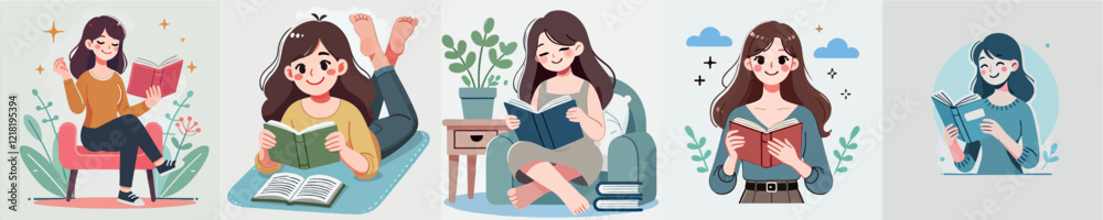 Woman reading a book with happy expression Woman reading a book with happy expression