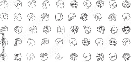 man woman profile line art head, hairstyle, men, women outline collection, variety line art