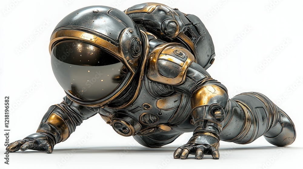 Astronaut in Distressed Metallic Suit Crawls Forward Astronaut in Distressed Metallic Suit Crawls Forward