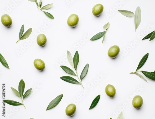 Wallpaper Mural Flat lay of green olives and olive branches on white background. Torontodigital.ca