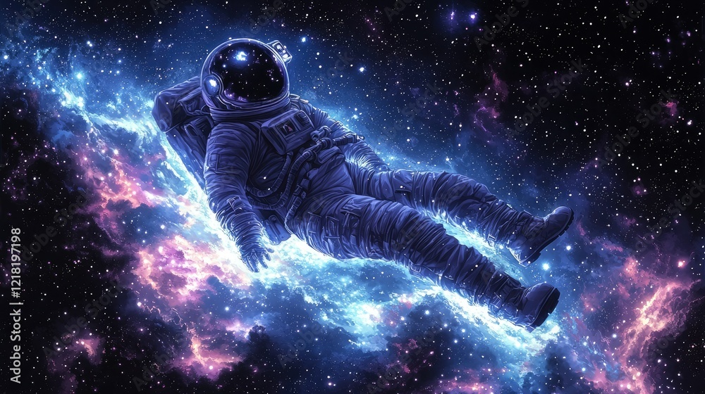 Fototapeta premium Astronaut floats through vibrant cosmic nebula