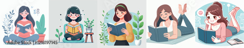 Woman reading a book with happy expression