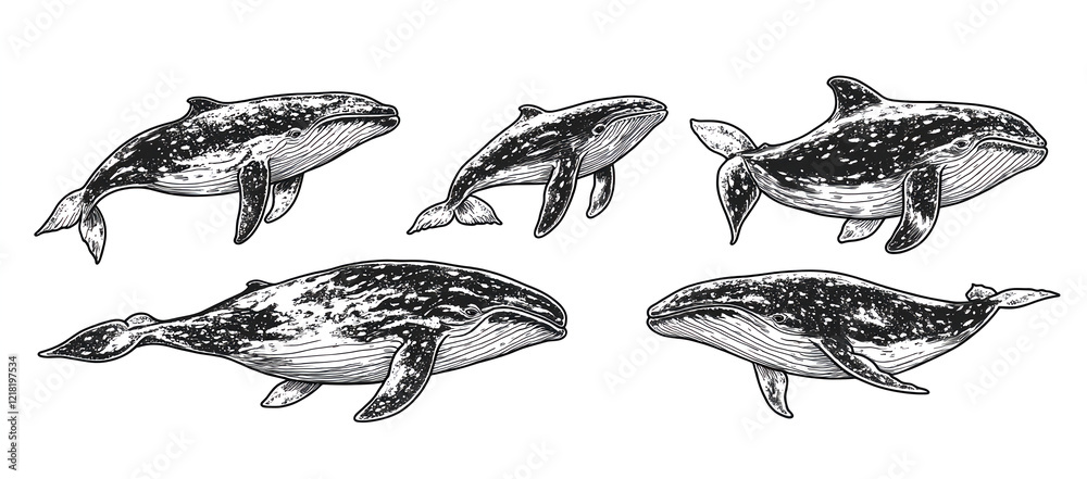 Set of line art, hand-drawn illustrations of different types and sizes of whales swimming, on a white background. Clipart, vector graphics, simple lines, monochrome, high contrast, black ink 