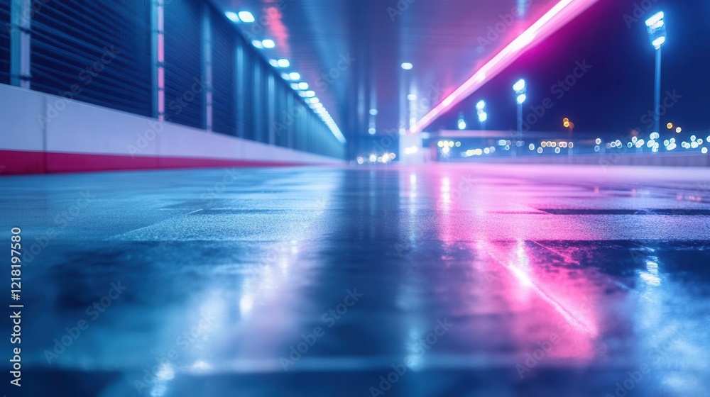 modern concrete platform with polished surface reflecting neon lights set against blurred nighttime racing circuit cinematic automotive backdrop modern concrete platform with polished surface reflecting neon lights set against blurred nighttime racing circuit cinematic automotive backdrop