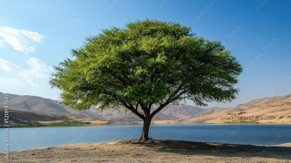Solitary tree by tranquil lake, mountains backdrop. Solitary tree by tranquil lake, mountains backdrop.