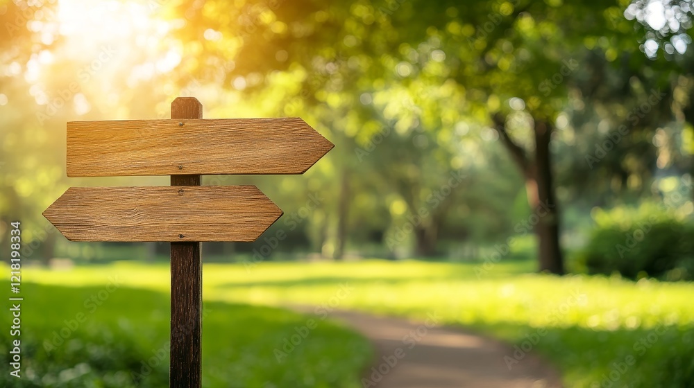 Wooden directional signpost in a sunlit park with a winding path and lush greenery in the background Wooden directional signpost in a sunlit park with a winding path and lush greenery in the background