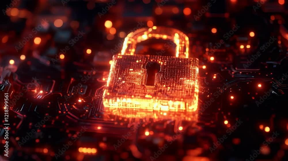 Glowing padlock on circuit board; digital security concept.