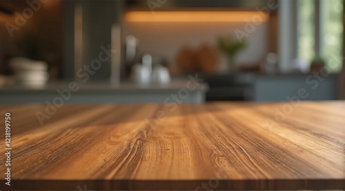 Smooth wooden tabletop in focus, highlighting fine grain details with natural light and a blurred modern kitchen background for a warm look.